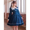College Uniform Style Sailor Collar Navy Blue Stripes School Lolita Long Sleeve Dress