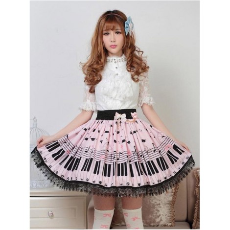 Sweet Pink Piano Keyboard Prints Lolita Pleated Skirt